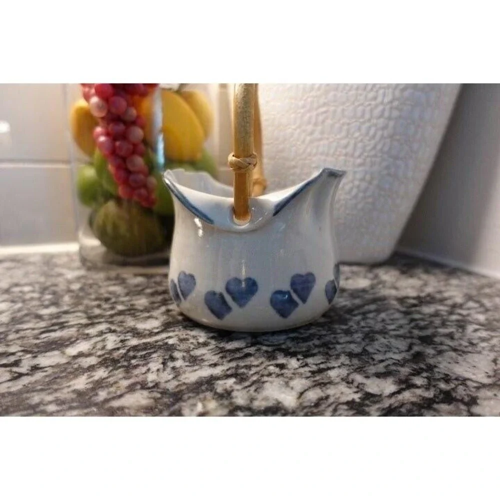 Vintage Blue White Pottery basket with bamboo handle blue hearts Janet Rodriguez
